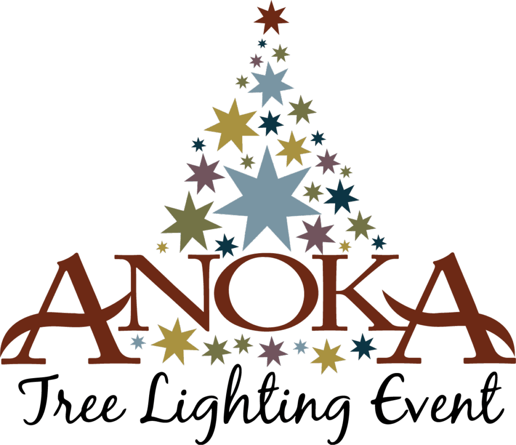 Logo for the Anoka Tree Lighting Event featuring the word 'Anoka' in bold brown letters with a stylized Christmas tree made of multicolor stars above it, and 'Tree Lighting Event' written in script below.