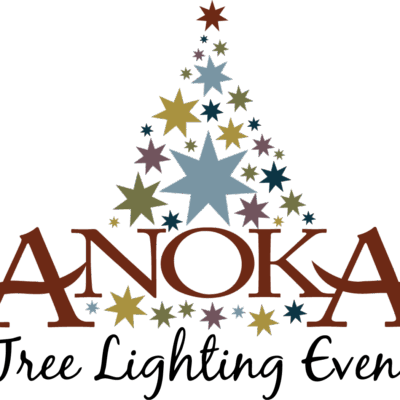 Logo for the Anoka Tree Lighting Event featuring the word 'Anoka' in bold brown letters with a stylized Christmas tree made of multicolor stars above it, and 'Tree Lighting Event' written in script below.