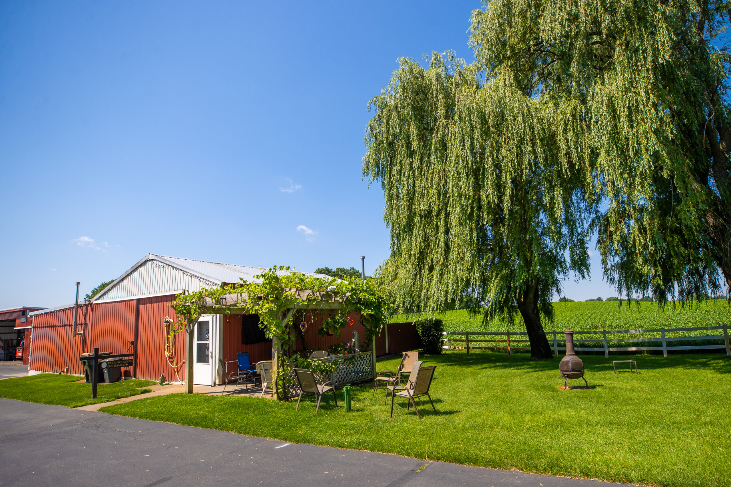 A red barn-style building with a small patio covered in green vines, next to a large weeping willow tree on a grassy lawn, with a farm field in the background under a blue sky